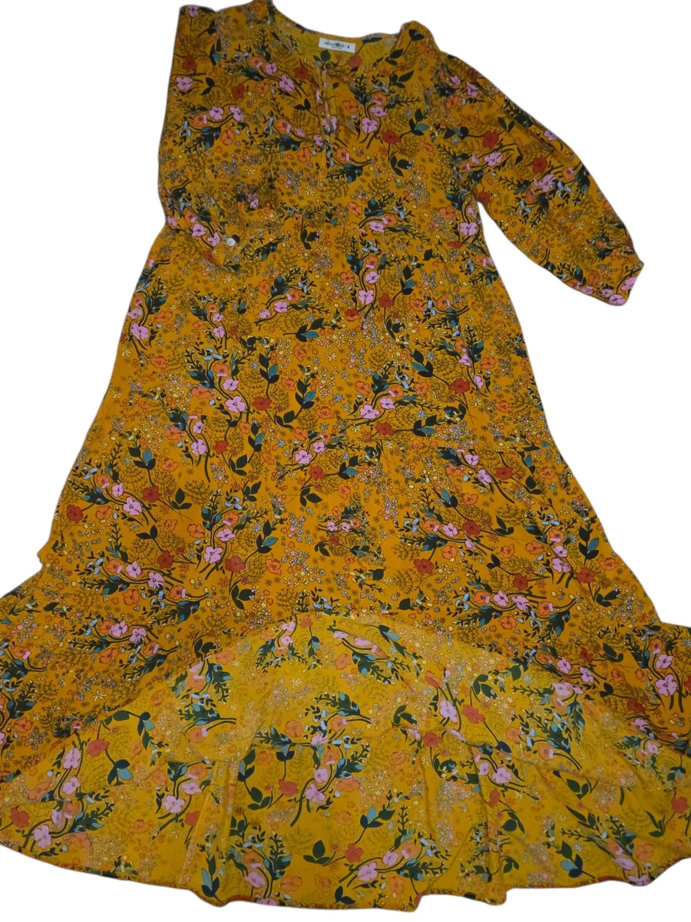 Natural Life Nova Maxi Dress Mustard Pink Poppy Floral Boho Tiered Rayon Size M - Picture 4 of 9